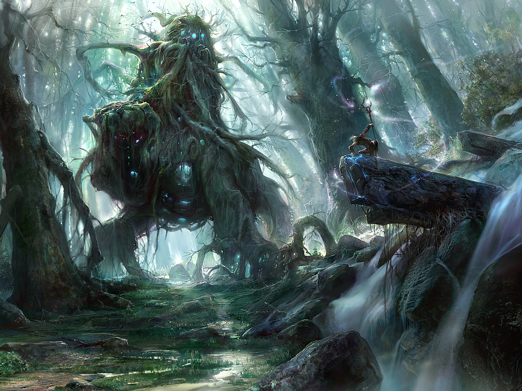 fantasy forest jungle magic makarori_(noah) mecha monster nature original staff swamp tree water waterfall