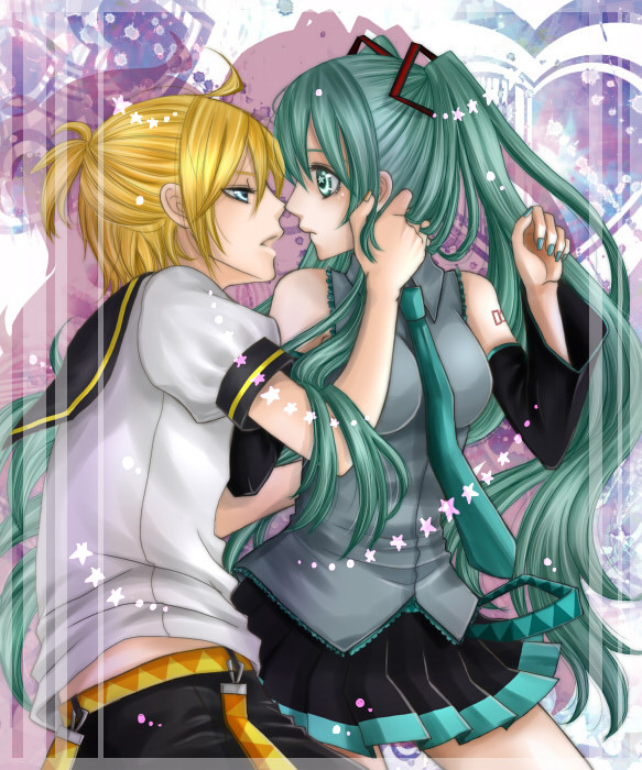 1girl aoi-mitsubachi bad_id bad_pixiv_id blonde_hair blue_eyes couple detached_sleeves eye_contact green_eyes green_hair hatsune_miku hetero imminent_kiss kagamine_len long_hair necktie open_mouth skirt twintails very_long_hair vocaloid