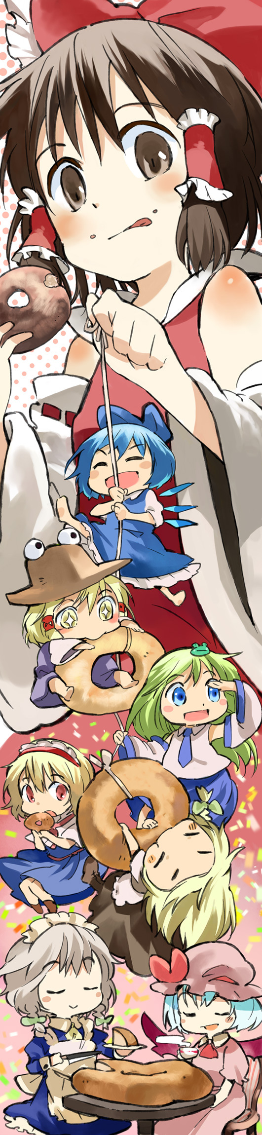 :&gt; :q alice_margatroid asaki bare_shoulders blonde_hair blue_hair bow brown_eyes chibi cirno detached_sleeves doughnut eating food green_hair hair_bow hairband hakurei_reimu hat highres in_food izayoi_sakuya kirisame_marisa kochiya_sanae licking_lips long_image minigirl moriya_suwako ogawa_maiko polka_dot polka_dot_background remilia_scarlet silver_hair string tall_image tongue touhou