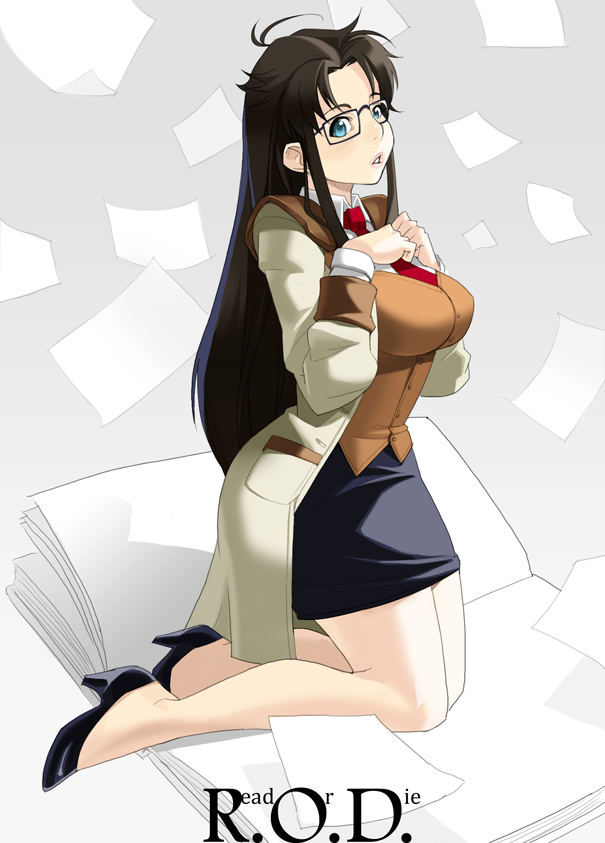 1girl blue_eyes breasts glasses high_heels impossible_clothes impossible_shirt large_breasts long_hair maou_alba necktie paper read_or_die shirt shoes skirt solo yomiko_readman