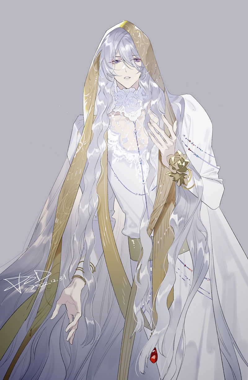 1boy androgynous cael_anselm cape earrings feet_out_of_frame gem grey_background hair_between_eyes hand_up highres jewelry juliet_sleeves long_bangs long_hair long_sleeves looking_at_viewer lovebrush_chronicles male_focus open_hand parted_lips psd_(psdgai) puffy_sleeves red_gemstone robe sash simple_background solo standing stole veil very_long_hair violet_eyes wavy_hair white_cape white_hair white_robe wrist_flower yellow_sash