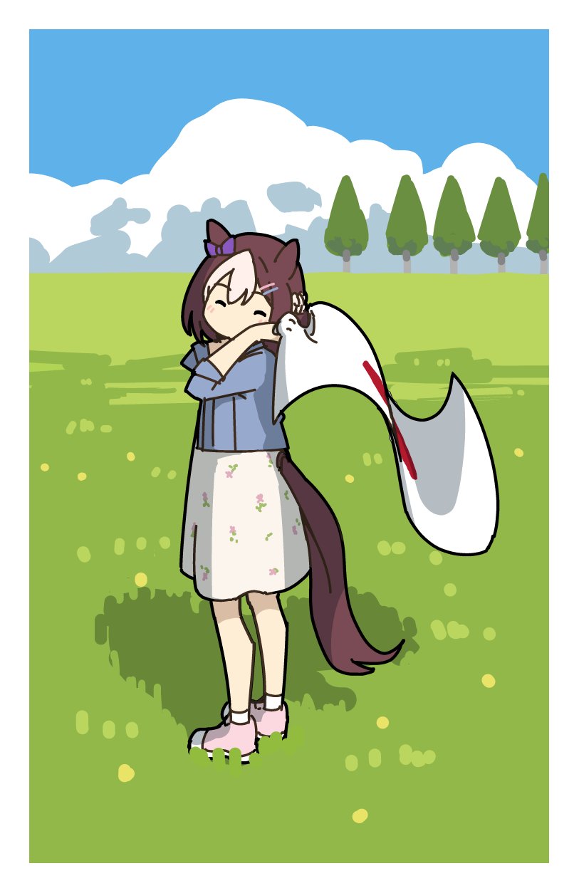 1girl ^_^ animal_ears blue_jacket brown_hair closed_eyes clouds day dress flag grass highres holding holding_flag horse_ears horse_girl horse_tail jacket japanese_flag kashinoki_(koaaski) looking_at_viewer looking_back multicolored_hair no_mouth outdoors shadow shoes short_hair sleeves_rolled_up sneakers socks solo special_week_(umamusume) standing tail tree two-tone_hair umamusume white_dress