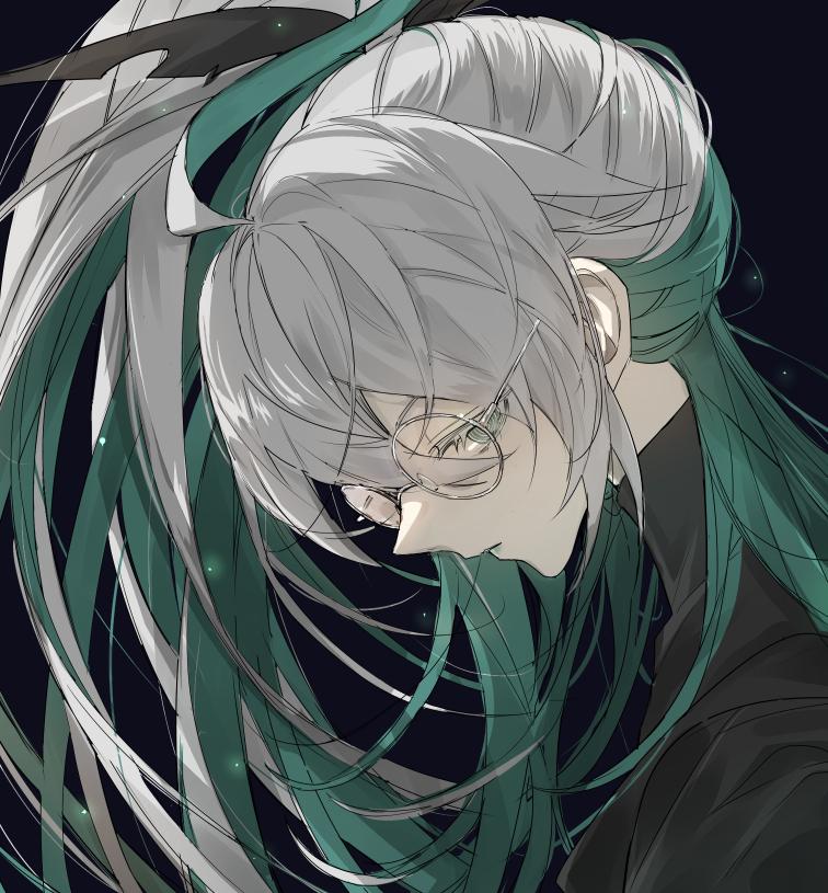 1boy ainchase_ishmael bespectacled black_background black_jacket black_shirt closed_mouth colored_eyelashes colored_inner_hair elsword expressionless from_side glasses green_eyes green_hair green_lips grey_hair hair_between_eyes half_updo happy_nr2 head_down herrscher_(elsword) high_ponytail jacket long_hair looking_at_viewer male_focus multicolored_hair profile ringed_eyes round_eyewear shirt sideways_glance solo turtleneck upper_body