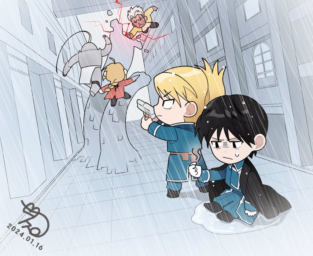4boys black_hair blonde_hair character_name character_request closed_mouth commentary_request dated fighting fullmetal_alchemist gun holding holding_gun holding_weapon korean_commentary long_sleeves multiple_boys outdoors rain short_hair sitting squeak_wlr1 standing weapon wet