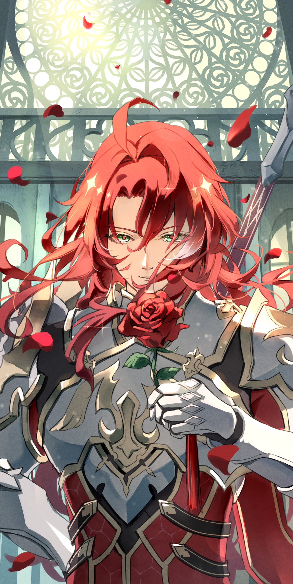 1boy ahoge argenti_(honkai:_star_rail) arm_behind_back armor closed_mouth cuirass curtained_hair falling_petals flower gauntlets green_eyes hair_between_eyes highres holding holding_flower holding_polearm holding_weapon honkai:_star_rail honkai_(series) ikenotori indoors long_hair looking_at_viewer male_focus pauldrons petals polearm red_flower red_pupils red_rose redhead rose shoulder_armor smile solo stained_glass upper_body wavy_hair weapon white_armor
