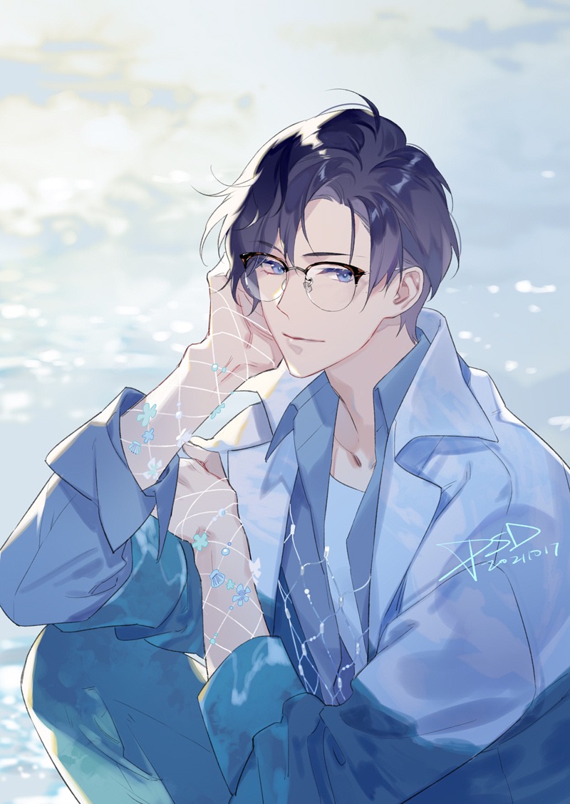 1boy blue_eyes blue_hair blue_jacket blue_pants clarence_clayden closed_mouth collared_jacket dark_blue_hair feet_out_of_frame fishnet_gloves fishnets glasses gloves head_rest jacket knee_up layered_sleeves long_sleeves looking_at_viewer lovebrush_chronicles male_focus mole mole_under_eye ocean pants parted_bangs psd_(psdgai) seashell shell shirt short_hair sleeves_rolled_up smile white_shirt