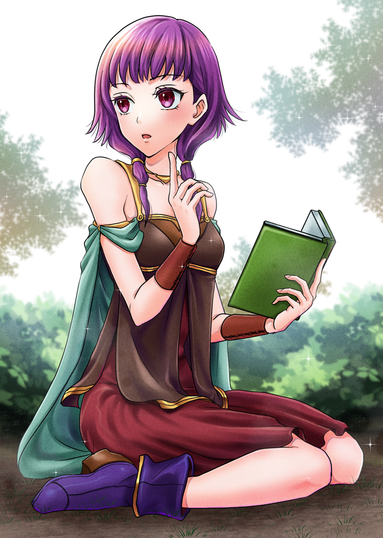 1girl bare_shoulders book dress fire_emblem fire_emblem:_the_sacred_stones full_body holding holding_book index_finger_raised looking_to_the_side lute_(fire_emblem) on_ground open_book open_mouth purple_footwear purple_hair red_dress sitting sleeveless sleeveless_dress solo umehime violet_eyes wariza