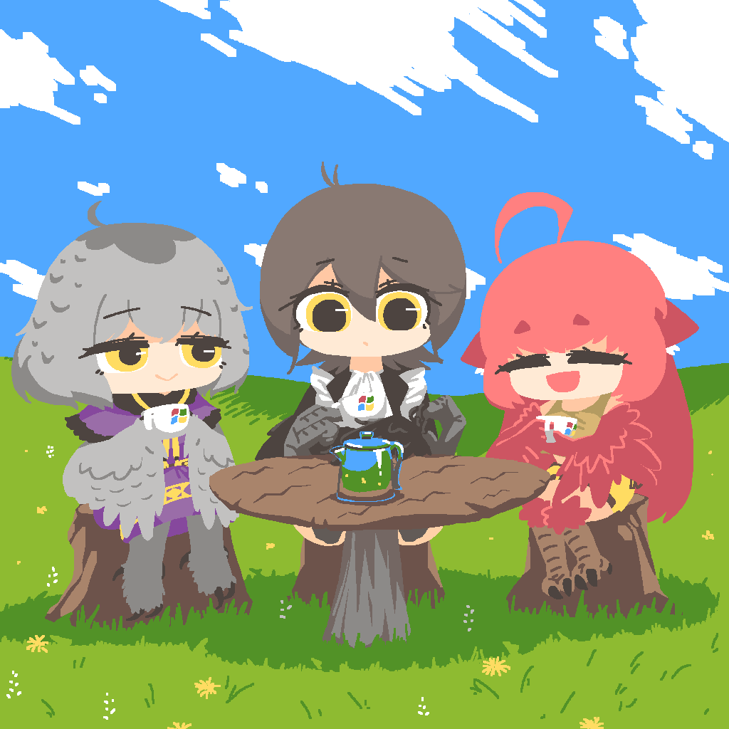 3girls ahoge bird_legs bliss_(image) borrowed_character brown_tank_top claws closed_eyes coco_(eogks) commentary cup dress feathered_wings feathers grass grey_feathers grey_hair grey_wings hair_between_eyes harpy holding holding_cup holding_with_feet jupiter1390 kettle long_hair microsoft_paint_(medium) microsoft_windows mono_(sifserf) monster_girl multiple_girls mushroom open_mouth purple_dress red_feathers red_wings redhead short_hair sitting_on_tree_stump skirt symbol-only_commentary talons tank_top tea_party teacup tree_stump winged_arms wings yellow_eyes yellow_skirt