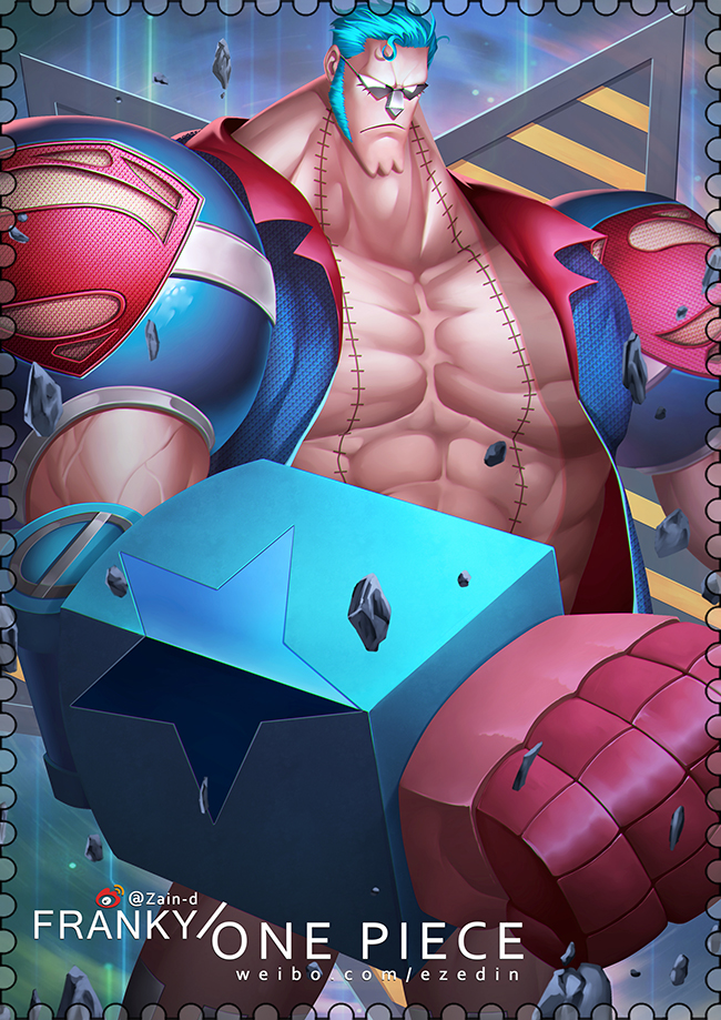 1boy abs artist_name blue_hair character_name closed_mouth commentary franky_(one_piece) long_sideburns male_focus one_piece open_clothes short_hair sideburns solo stitches sunglasses web_address weibo_logo weibo_username zhang_ding