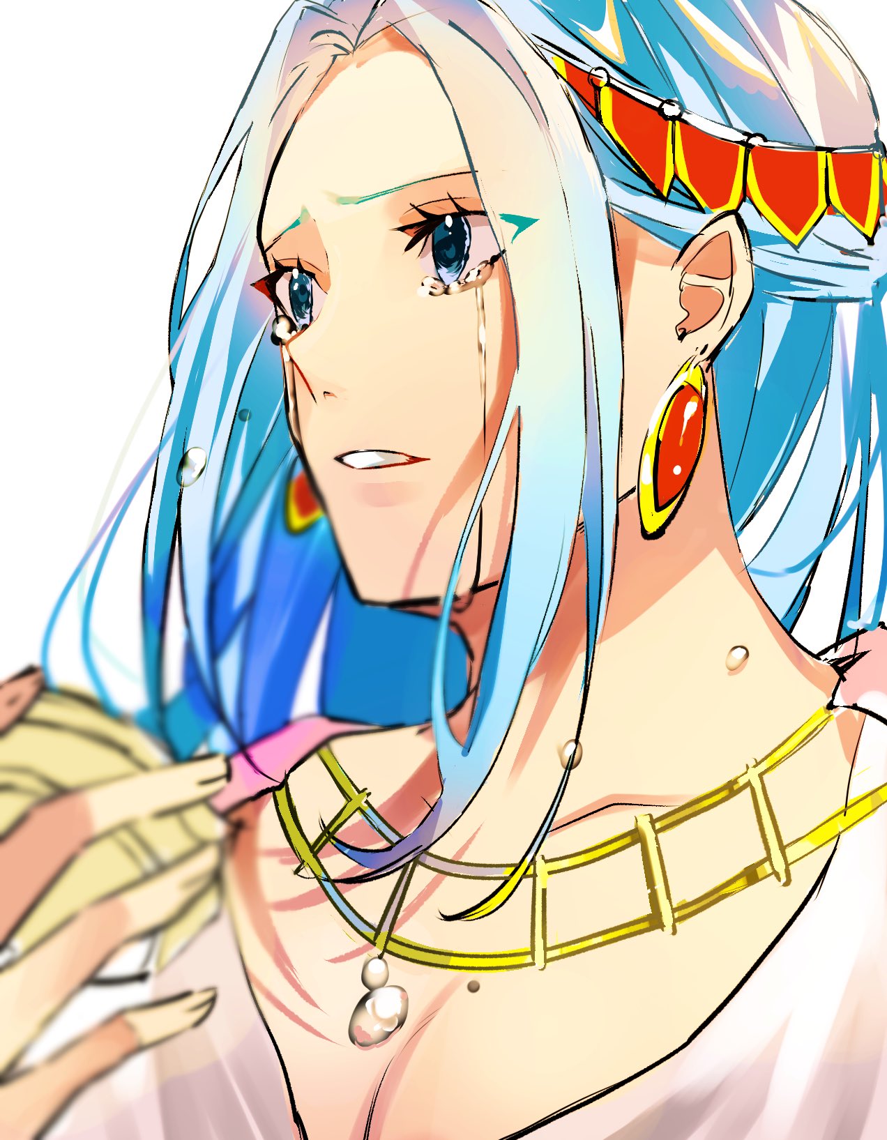 1girl blue_eyes blue_hair close-up commentary_request crying earrings half_updo highres holding jewelry light_blue_hair long_hair looking_to_the_side necklace nefertari_vivi one_piece op_1156 profile sidelocks simple_background solo tears white_background