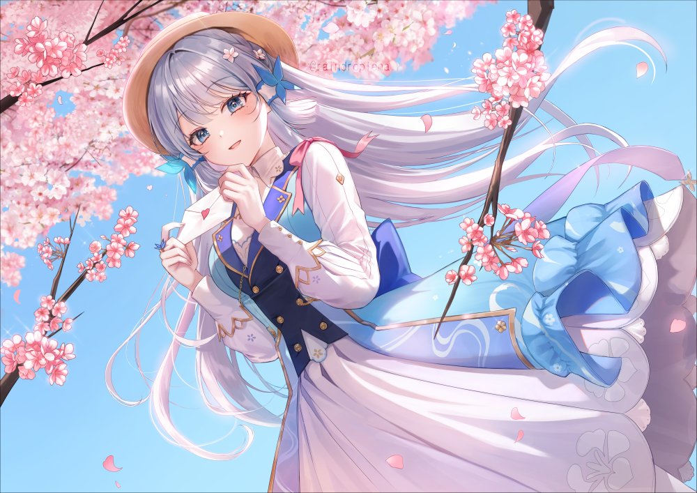 1girl 723/nanahumi blue_eyes blue_sky blue_vest branch brown_headwear butterfly_hair_ornament commentary day dress dutch_angle envelope flower genshin_impact grey_hair hair_ornament hands_up heart holding holding_envelope kamisato_ayaka long_hair long_sleeves looking_at_viewer love_letter outdoors parted_lips pink_flower puffy_long_sleeves puffy_sleeves sky smile solo very_long_hair vest white_dress