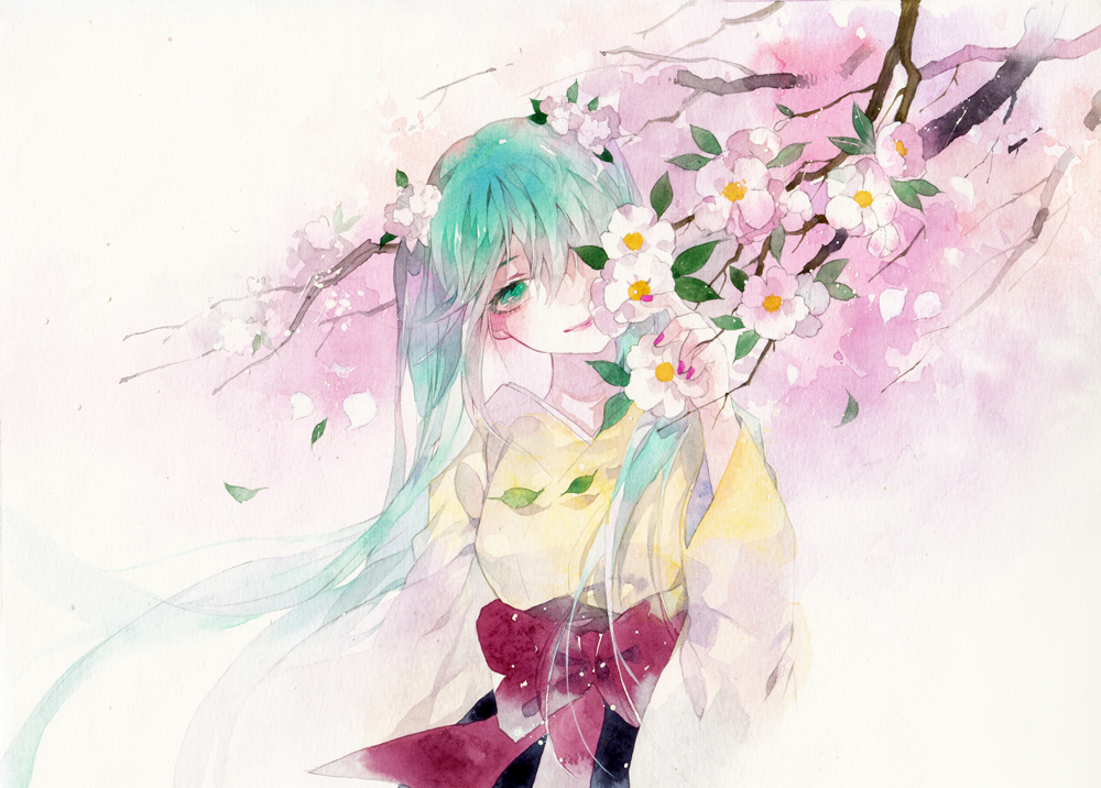 1girl alternate_eye_color alternate_hair_color black_corset bow branch closed_mouth corset daisy falling_leaves flower green_eyes green_hair hatsune_miku leaf light_smile long_sleeves looking_at_viewer nail_polish one_eye_covered painting_(medium) purple_bow purple_nails rei_(456789io) shirt solo traditional_media twintails upper_body vocaloid watercolor_(medium) white_background yellow_shirt