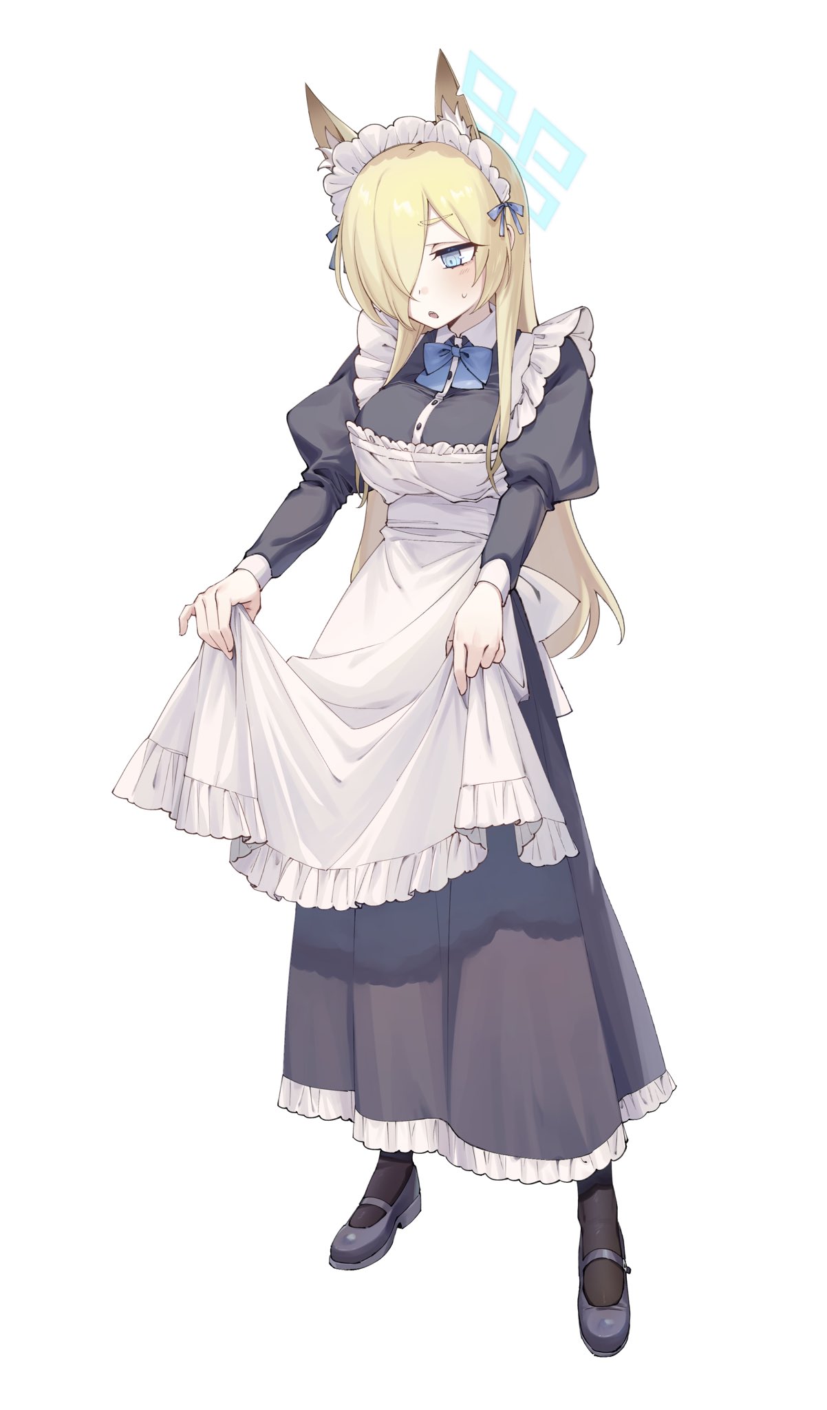 1girl alternate_costume animal_ear_fluff animal_ears apron apron_lift asymmetrical_bangs black_footwear blonde_hair blue_archive blue_bow blue_eyes blush bow breasts clothes_lift dog_ears dress enmaided extra_ears frilled_apron frills hair_over_one_eye highres juliet_sleeves kanna_(blue_archive) long_hair long_sleeves maid maid_apron maid_headdress mary_janes open_mouth puffy_sleeves sharp_teeth shoes sweatdrop taut_clothes taut_dress teeth tosankaku