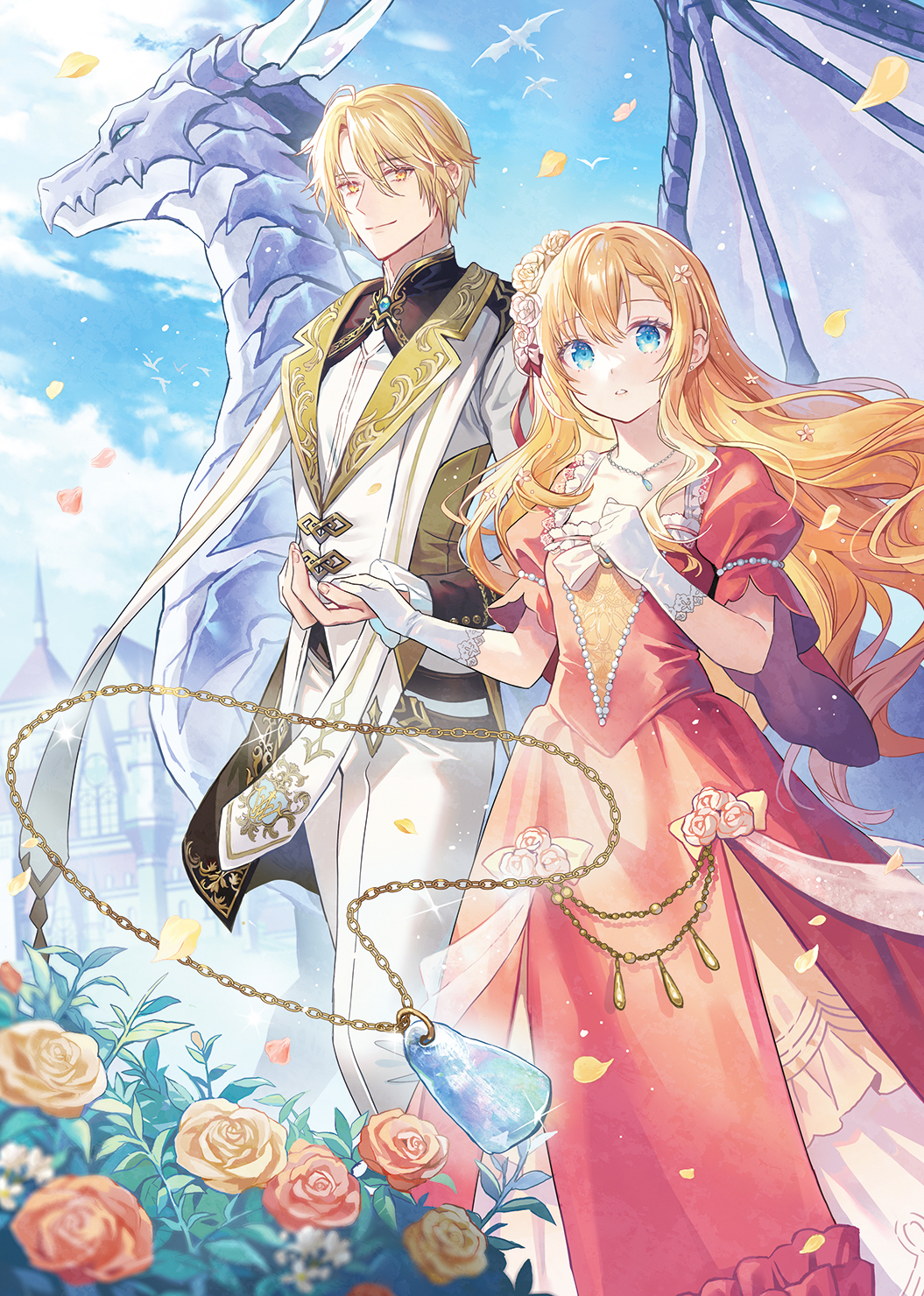 1boy 1girl beads blonde_hair blurry blurry_foreground braid building closed_mouth clouds day dragon dress eastern_dragon falling_petals flower frills gloves gold_trim hair_flower hair_ornament highres holding_hands jewelry light_particles lino_chang long_dress long_hair looking_at_viewer official_art orange_flower orange_rose original outdoors pants parted_lips pendant petals puffy_short_sleeves puffy_sleeves red_dress rose short_hair short_sleeves side_braid sky sparkle standing suit white_gloves white_pants white_suit wind yellow_flower yellow_rose