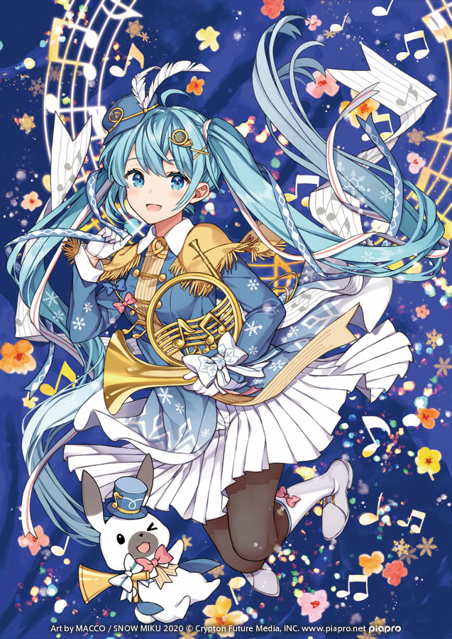 1girl :d ahoge black_pantyhose blue_background blue_bow blue_dress blue_eyes blue_hair blue_headwear blue_ribbon blush boots bow breasts cabbie_hat collared_dress double-parted_bangs dress epaulettes eyelashes feathers floral_background footwear_bow french_horn gloves hair_ornament hair_ribbon hand_up hat hat_feather hatsune_miku holding holding_instrument holding_megaphone holding_ribbon instrument instrument_hair_ornament knee_boots legs_up lone_nape_hair long_hair long_sleeves looking_at_viewer macco megaphone musical_note official_art one_eye_closed open_mouth pantyhose pink_bow pleated_skirt print_dress rabbit rabbit_yukine red_ribbon ribbon skirt smile snowflake_background snowflake_print staff_(music) striped_ribbon top_hat twintails vocaloid white_bow white_feathers white_footwear white_gloves white_ribbon white_skirt x_hair_ornament yuki_miku yuki_miku_(2020)