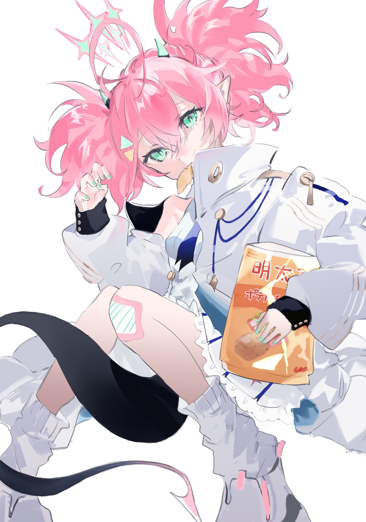 1girl ahoge bandaid bandaid_on_knee bandaid_on_leg blue_archive breasts chips_(food) coat dress food food_in_mouth green_eyes hair_between_eyes halo high_collar highres horns late_02 long_sleeves loose_socks momoka_(blue_archive) mouth_hold open_clothes open_coat pink_hair pointy_ears potato_chips short_dress short_hair sidelocks small_breasts socks solo tail twintails white_background white_coat white_dress white_socks