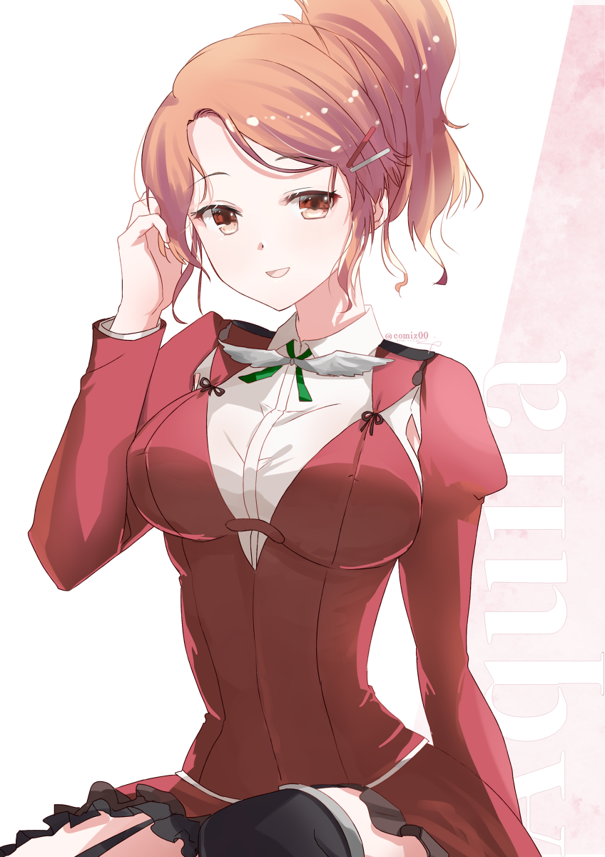 1girl aquila_(kancolle) armpit_cutout black_skirt blush breasts character_name clothing_cutout commentary green_ribbon hair_between_eyes hair_ornament hairclip high_ponytail highres jacket kantai_collection kimura_shiki large_breasts long_sleeves open_mouth orange_hair ponytail red_jacket ribbon shirt short_hair simple_background sitting skirt smile solo twitter_username wavy_hair white_background