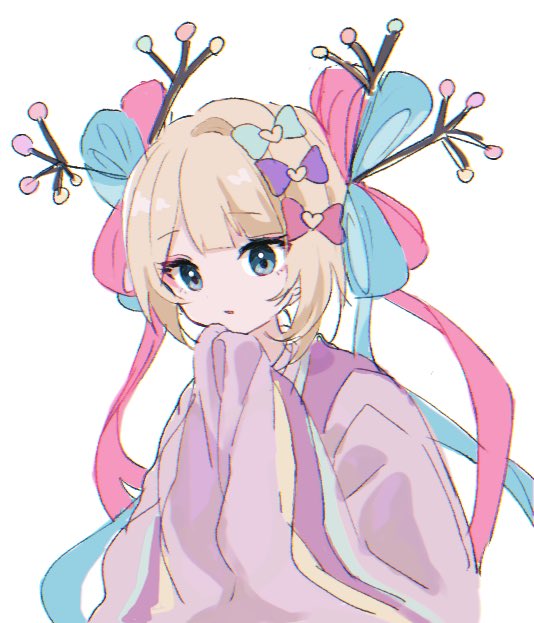 1girl blonde_hair blue_bow blue_eyes blue_hair blunt_bangs bow branch chouzetsusaikawa_tenshi-chan commentary_request eyeshadow gekkou_chou hair_bow hair_ornament hair_rings hands_up japanese_clothes kabe_(zp66104) kimono long_hair long_sleeves makeup multicolored_hair multiple_hair_bows needy_girl_overdose official_alternate_costume official_alternate_hairstyle pink_bow pink_eyeshadow pink_hair pink_kimono purple_bow quad_tails simple_background sleeves_past_fingers sleeves_past_wrists solo upper_body white_background wide_sleeves