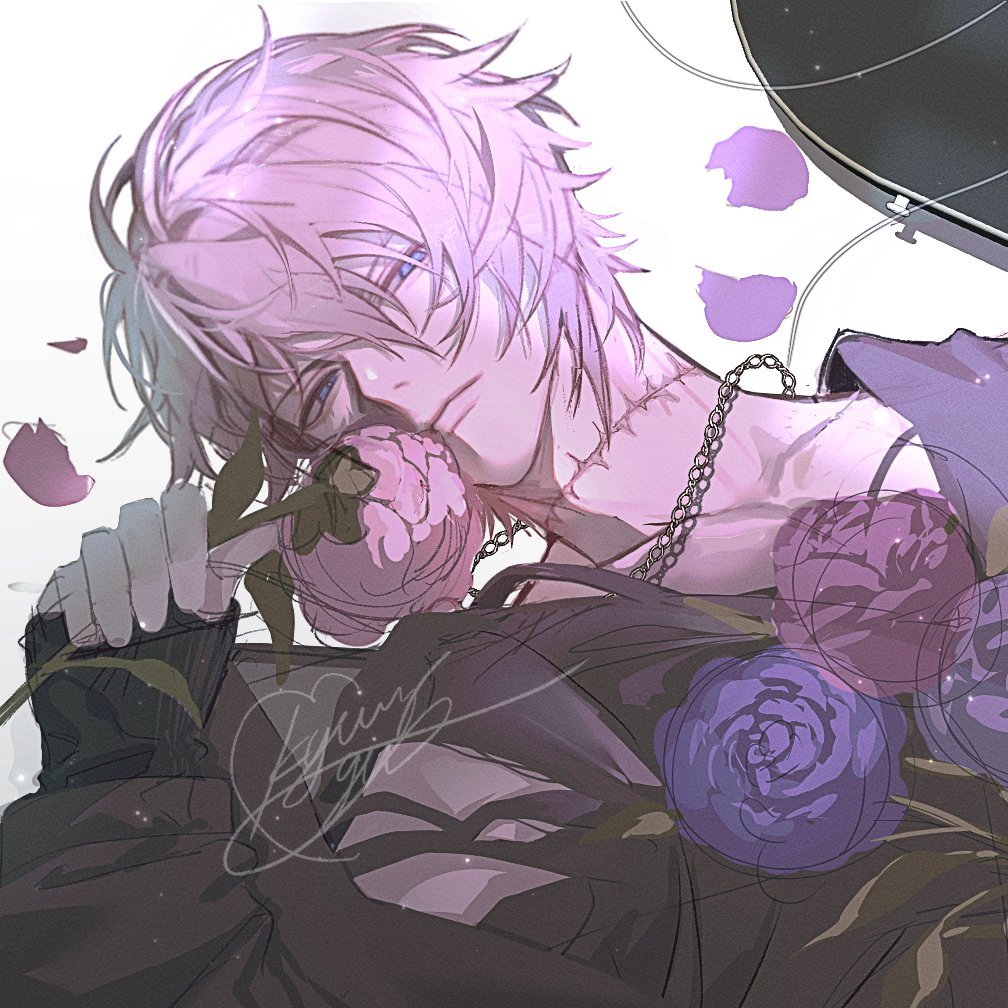black_gloves blue_eyes chain_necklace expressionless falling_petals fingerless_gloves flower gloves granblue_fantasy hair_between_eyes holding holding_flower jacket jewelry korean_commentary light_frown light_particles looking_to_the_side lucilius_(granblue_fantasy) male_focus messy_hair necklace official_alternate_costume petals scar scar_on_neck shirt signature stitches torn_clothes torn_shirt wago white_background white_hair
