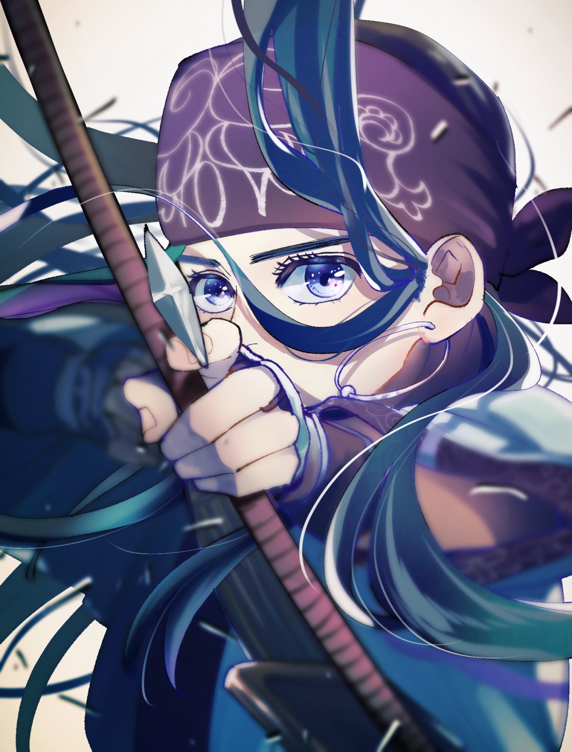 1girl arrow_(projectile) asirpa blue_eyes blue_hair blurry_border bow close-up commentary_request earrings floating_hair golden_kamuy hairband highres jewelry long_hair long_lng looking_at_viewer purple_hairband simple_background solo