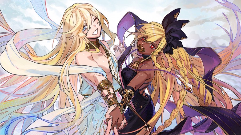 1boy 1girl absurdly_long_hair armlet back_cutout bishounen black_dress black_ribbon blonde_hair blue_eyes bracelet bright_pupils choker clothing_cutout commentary dress expressionless floating_clothes floating_hair granblue_fantasy grin hair_between_eyes helel_ben_sahar_(granblue_fantasy) helel_ben_shalem holding_hands jewelry long_braid long_hair looking_at_viewer neck_ring no_nipples one_eye_closed pacifier rainbow_gradient red_eyes ribbon robe smile very_long_hair wahoosandalphon white_background white_pupils white_robe