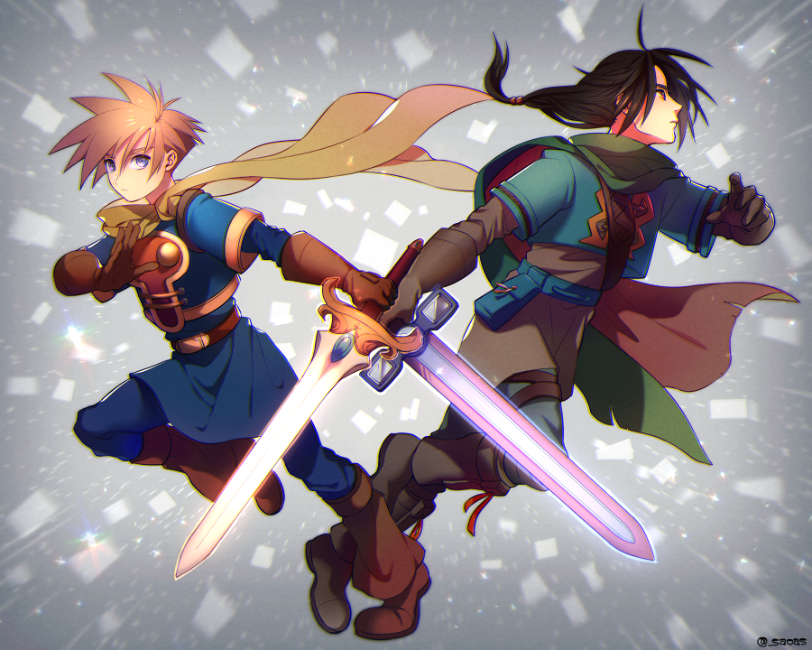 2boys armor blonde_hair blue_eyes blue_pants blue_tunic boots breastplate brown_hair brown_tunic felix_(golden_sun) gloves golden_sun green_scarf green_vest holding holding_sword holding_weapon isaac_(golden_sun) leather leather_boots leather_gloves long_hair low-tied_long_hair male_focus multiple_boys oas pants scarf short_hair spiky_hair sword vest weapon yellow_scarf