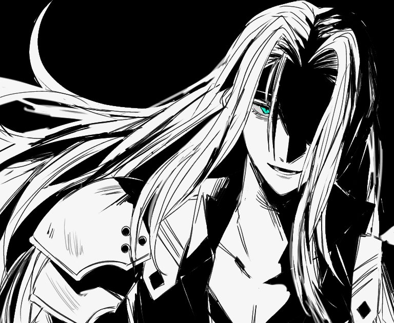 1boy armor black_background chest_strap commentary evil_smile final_fantasy final_fantasy_vii green_eyes high_collar long_bangs long_hair male_focus monochrome mtr_dayoo one_eye_covered parted_bangs pauldrons sephiroth shaded_face shoulder_armor slit_pupils smile solo spot_color upper_body