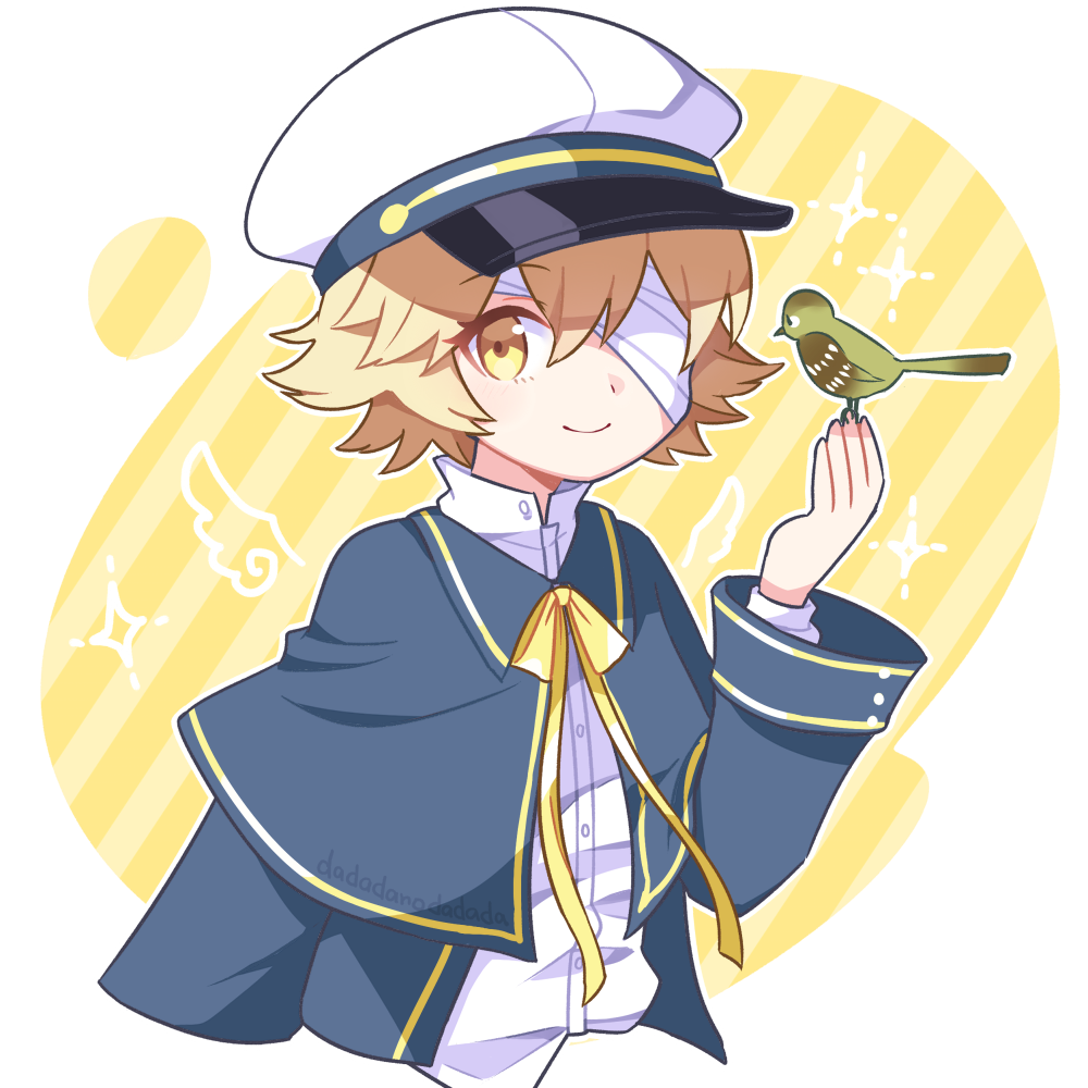 1boy animal artist_name bandage_over_one_eye bird blonde_hair blue_capelet blue_jacket capelet dadadanoda drawn_wings hair_between_eyes hat holding holding_animal holding_bird jacket james_(vocaloid) looking_at_viewer male_focus oliver_(vocaloid) outline ribbon sailor_hat shirt short_hair smile solo sparkle vocaloid white_background white_outline white_shirt yellow_background yellow_eyes yellow_ribbon yellow_trim