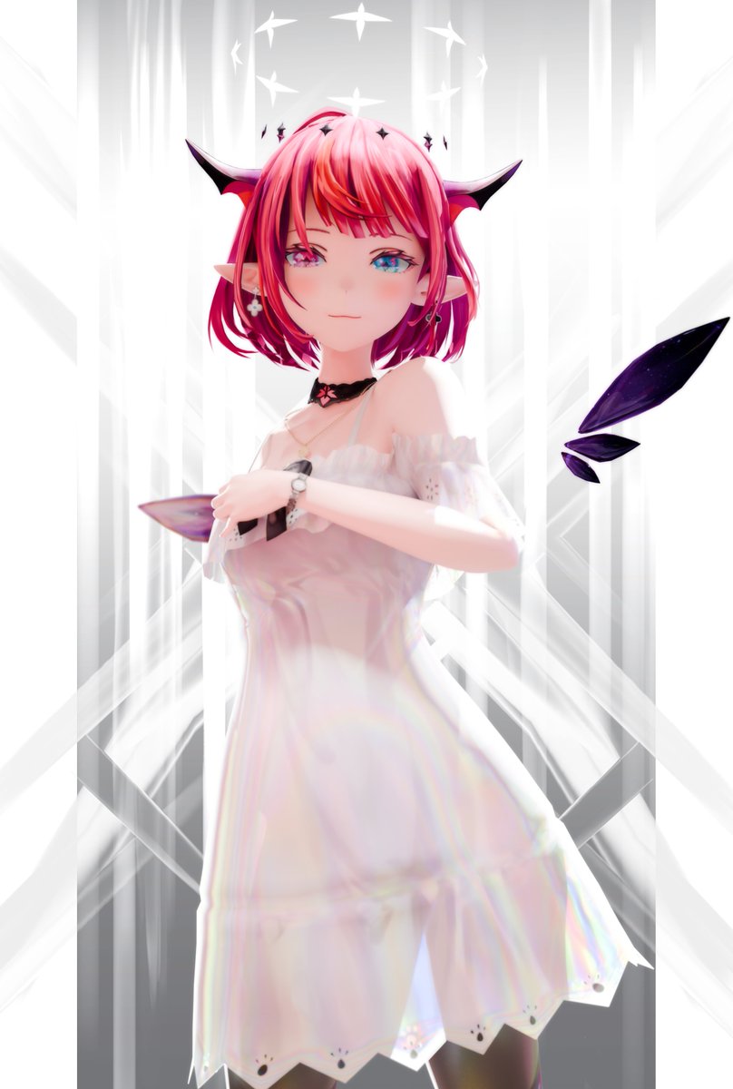 arm_up bare_shoulders black_bow black_choker black_pantyhose black_wings blue_eyes bow choker commentary cowboy_shot double_halo dress earrings halo heterochromia highres hololive hololive_english horns irys_(casualrys)_(hololive) irys_(hololive) jewelry lace_trim mismatched_earrings mismatched_wings necklace no_headwear no_jacket pantyhose pointy_ears redhead see-through_silhouette short_hair sunekosurisuri symbol-only_commentary violet_eyes watch watch white_dress white_wings wings