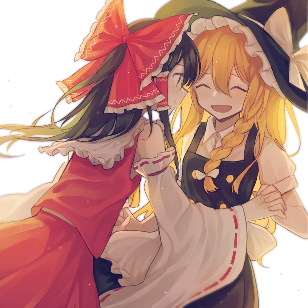 2girls apron black_dress black_eyes black_hair blonde_hair bow braid buttons capelet closed_eyes closed_mouth collared_shirt detached_sleeves dress frilled_apron frilled_bow frilled_capelet frilled_hair_tubes frills hair_bow hair_tubes hakurei_reimu holding_hands inuko_(ink0425) kirisame_marisa light_particles long_hair long_sleeves looking_at_another multiple_girls open_mouth profile red_bow red_skirt red_vest ribbon-trimmed_sleeves ribbon_trim shirt short_sleeves simple_background single_braid skirt smile touhou vest white_apron white_background white_bow white_capelet white_shirt white_sleeves wide_sleeves yuri