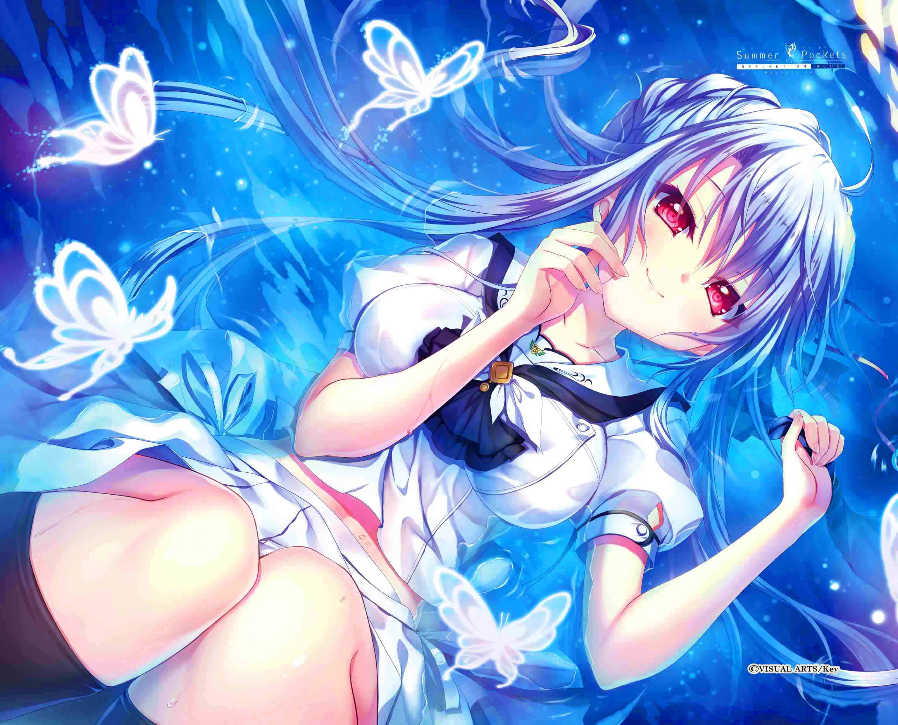 1girl absurdres black_socks blue_hair blush braid braided_bun breasts bug butterfly closed_mouth company_name copyright_name dutch_angle eyelashes feet_out_of_frame fingernails floating_hair foreshortening glowing_butterfly hair_bun hair_spread_out hands_up highres holding holding_ribbon impossible_clothes izumi_tsubasu kneehighs knees_up large_breasts long_hair looking_at_viewer lying official_art on_back puffy_short_sleeves puffy_sleeves red_eyes ribbon school_uniform shirt short_sleeves sidelocks single_hair_bun skirt smile socks solo sorakado_ao split_mouth summer_pockets very_long_hair water white_ribbon white_shirt white_skirt