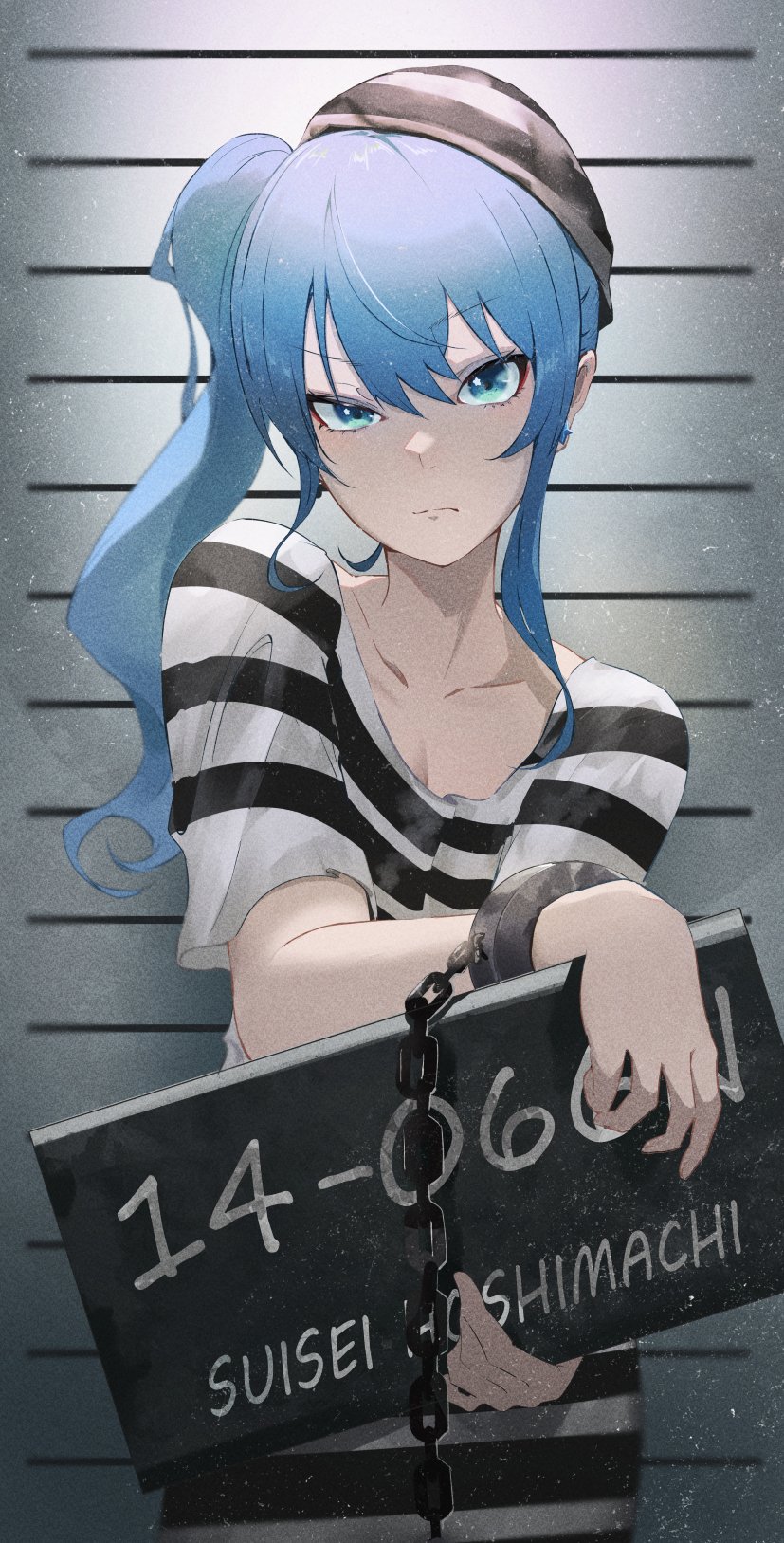 1girl alternate_costume blue_eyes blue_hair character_name cuffs double-parted_bangs english_text frown gradient_eyes hair_between_eyes handcuffs highres holding holding_sign hololive hoshimachi_suisei medium_hair menomeno_draw mugshot multicolored_eyes prison_clothes raised_eyebrows side_ponytail sidelocks sign solo star_(symbol) star_in_eye striped_clothes symbol_in_eye virtual_youtuber