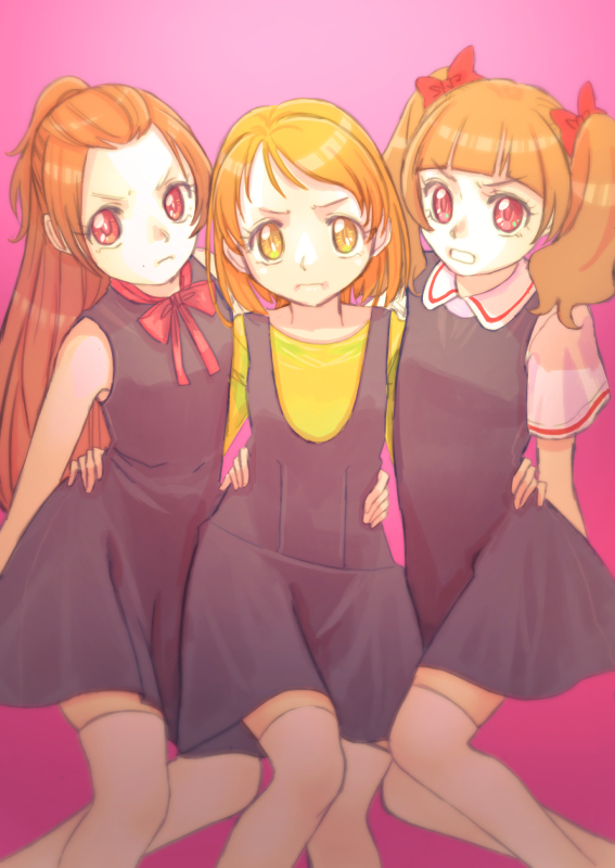 3girls aisaki_emiru arm_around_waist black_dress blonde_hair blunt_bangs bow bowtie closed_mouth collared_shirt commentary dokidoki!_precure dress frown hair_bow hair_pulled_back hugtto!_precure in-franchise_crossover jj_(ssspulse) long_hair madoka_aguri medium_hair multiple_girls open_mouth pinafore_dress pink_background precure red_bow red_bowtie red_eyes shirabe_ako shirt short_dress short_hair short_sleeves sleeveless sleeveless_dress suite_precure swept_bangs thigh-highs trait_connection twintails white_shirt white_thighhighs yellow_eyes yellow_shirt