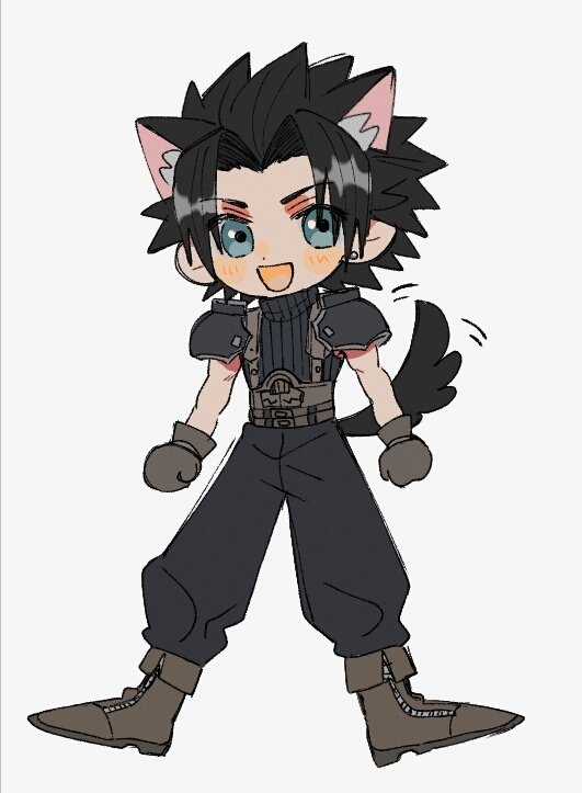 1boy animal_ears armor belt black_hair black_pants black_sweater blue_eyes blush_stickers boots brown_footwear brown_gloves chibi commentary crisis_core_final_fantasy_vii dog_boy dog_ears dog_tail earrings final_fantasy final_fantasy_vii full_body gloves grey_background happy jewelry male_focus mtr_dayoo multiple_belts open_mouth pants parted_bangs pauldrons short_hair shoulder_armor simple_background single_earring sleeveless sleeveless_turtleneck smile solo spiky_hair standing stud_earrings suspenders sweater symbol-only_commentary tail tail_wagging turtleneck