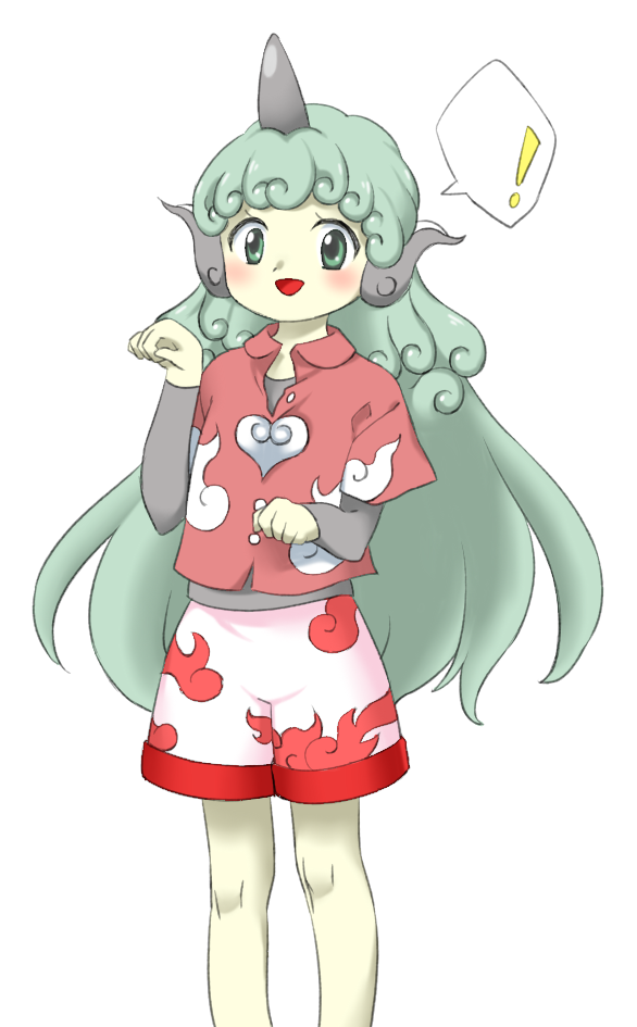 ! 1girl :d aqua_eyes aqua_hair feet_out_of_frame grey_horns grey_shirt grey_undershirt horns komano_aunn legs_apart long_sleeves looking_at_viewer nonamejd official_style open_mouth pink_shirt red_trim shirt short_sleeves shorts simple_background single_horn smile solo speech_bubble spoken_exclamation_mark standing touhou undershirt white_background white_shorts zun_(style)