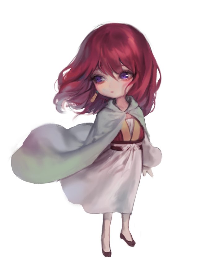 1girl akatsuki_no_yona bad_id bad_twitter_id belt cape chibi commentary_request dress earrings hood hooded_cape jewelry korean_commentary looking_to_the_side medium_hair pink_dress red_vest redhead simple_background solo vest violet_eyes white_background white_cape yona_(akatsuki_no_yona) yona_hyeon