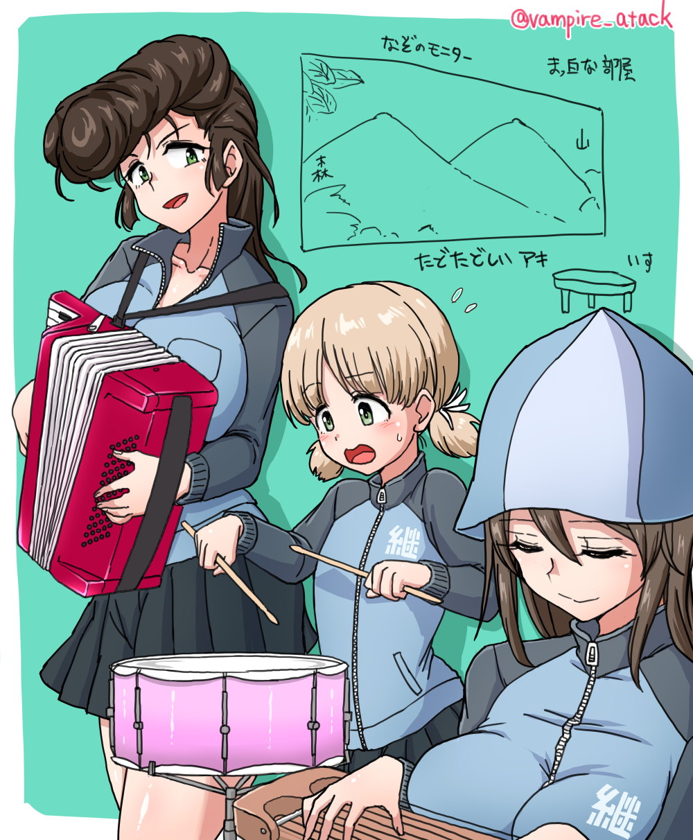 3girls accordion aki_(girls_und_panzer) black_skirt blue_headwear blue_jacket brown_hair closed_eyes closed_mouth commentary drumsticks flying_sweatdrops frown futaba_yodoyume girls_und_panzer green_eyes hat highres holding holding_drumsticks holding_instrument instrument jacket kantele keizoku_military_uniform light_brown_hair long_hair long_sleeves looking_at_viewer low_twintails mika_(girls_und_panzer) military_uniform miniskirt multiple_girls music playing_instrument pleated_skirt pompadour raglan_sleeves short_hair short_twintails skirt smile snare_drum standing sweatdrop track_jacket translated tulip_hat twintails twitter_username uniform yuri_(girls_und_panzer)