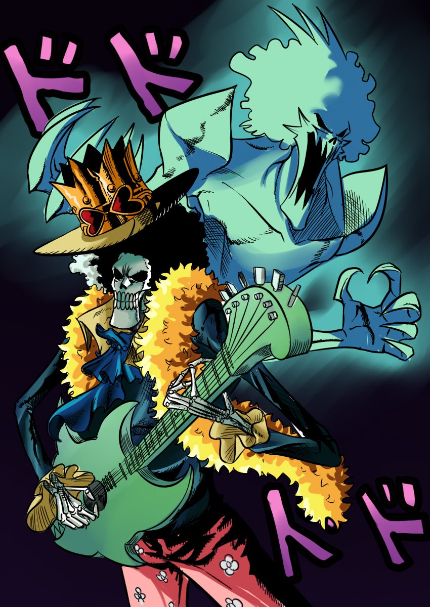1boy afro ascot black_hair blue_ascot brook_(one_piece) clenched_teeth commentary crossover crown_hat electric_guitar english_commentary eyewear_on_head ghost guitar hat heart heart-shaped_eyewear highres holding holding_guitar holding_instrument instrument jojo_no_kimyou_na_bouken male_focus music one_piece playing_guitar playing_instrument red-tinted_eyewear skeleton solo standing stardust_crusaders teeth tina_fate tinted_eyewear translation_request yellow-framed_eyewear