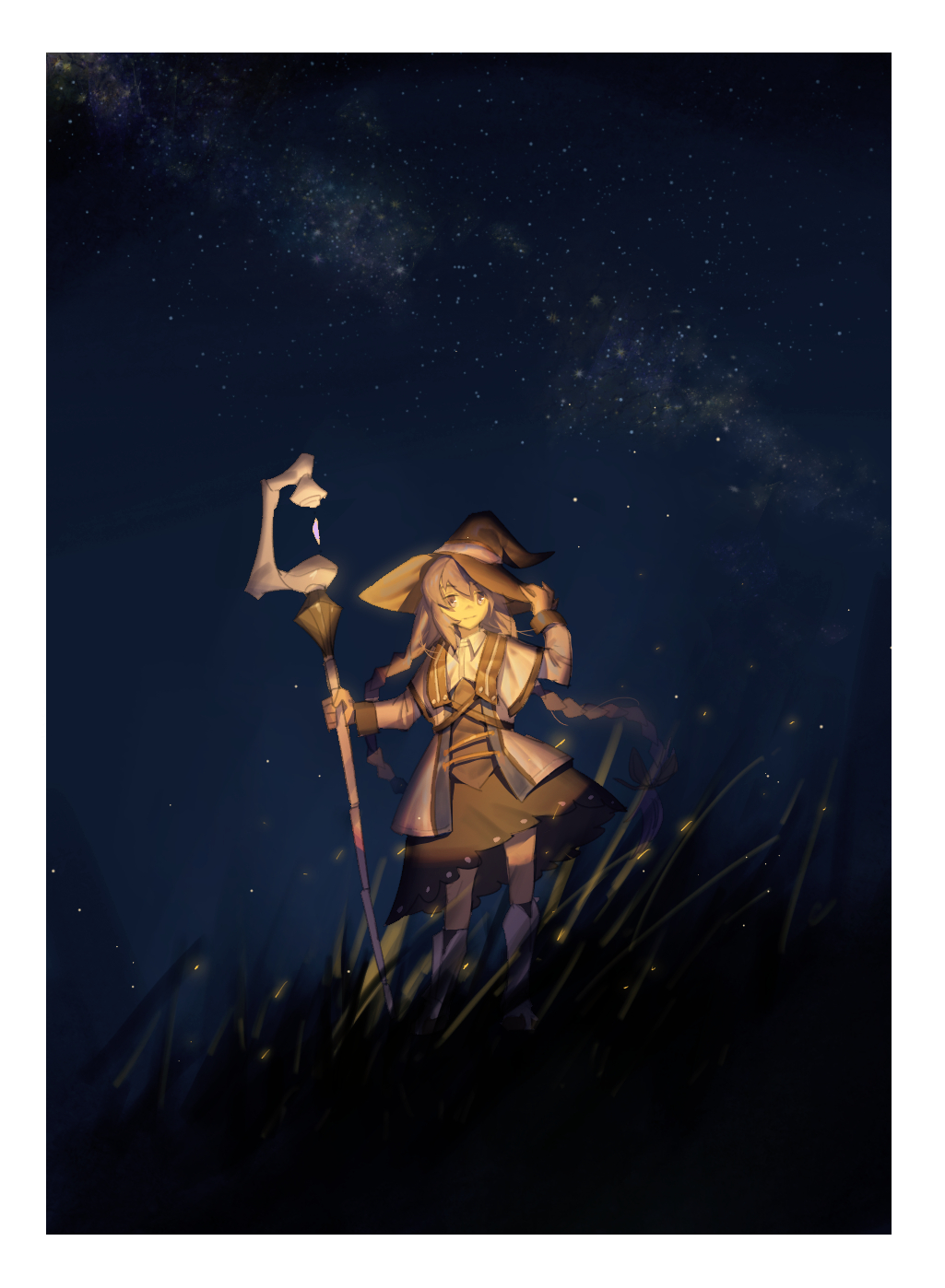 1girl bare_legs braid chinese_commentary collared_shirt commentary_request dress from_below grass hat highres holding holding_clothes holding_hat holding_staff koiking_(liyuw099) light light_smile long_hair looking_to_the_side milky_way mushoku_tensei night night_sky robe roxy_migurdia shirt sky solo staff star_(sky) twin_braids wide_brim