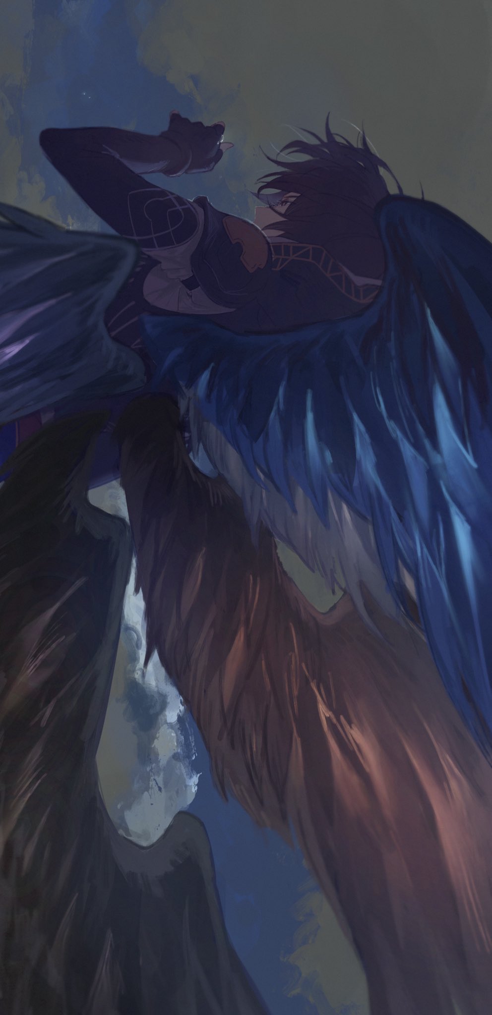 1boy arm_up armor bishounen blue_wings brown_hair brown_wings clouds cloudy_sky expressionless feathered_wings fingerless_gloves from_behind from_side gloves granblue_fantasy hair_between_eyes highres hood male_focus messy_hair multiple_wings night red_wings sandalphon_(granblue_fantasy) short_hair sky solo_focus t_of_game wings
