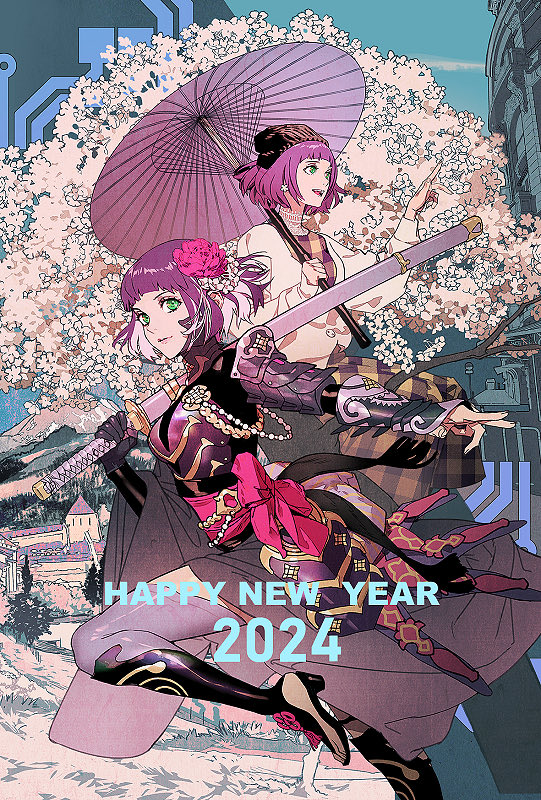 2024 2girls armor blue_sky blunt_bangs boots check_copyright cherry_blossoms commentary_request copyright_request earrings english_text flower green_eyes hair_flower hair_ornament happy_new_year high_heel_boots high_heels holding holding_sword holding_umbrella holding_weapon japanese_armor japanese_clothes jewelry katana kurahana_chinatsu multiple_girls necklace original over_shoulder pink_flower pink_ribbon purple_hair purple_thighhighs ribbon sheath sheathed short_hair sky smile sword thigh-highs umbrella weapon weapon_over_shoulder