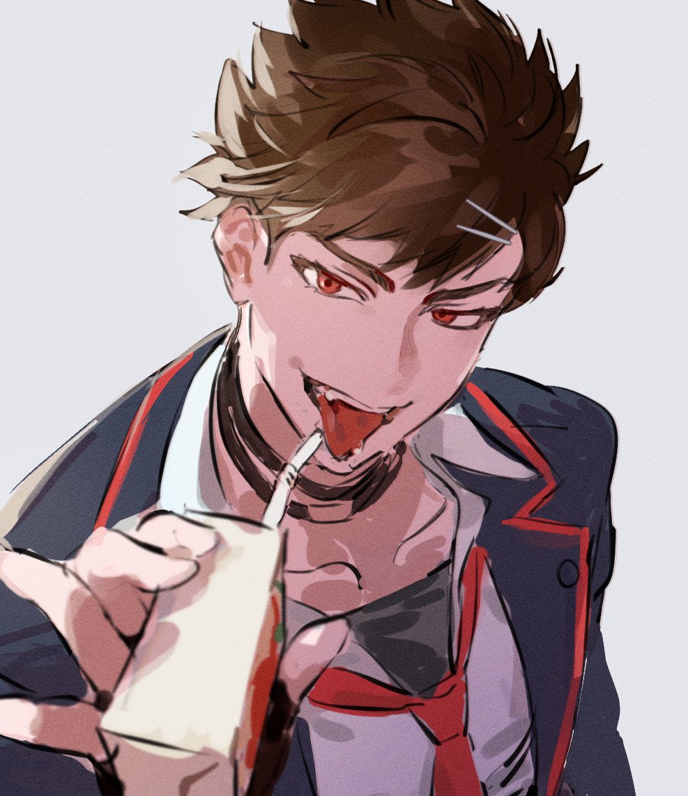 1boy @_43517 alternate_form apple_juice belial_(granblue_fantasy) bishounen black_choker brown_hair choker drink drinking_straw granblue_fantasy hair_ornament hairclip holding holding_drink jacket juice korean_commentary looking_to_the_side male_focus messy_hair necktie official_alternate_costume open_clothes open_jacket popped_collar portrait red_eyes red_tie school_uniform short_hair sketch solo_focus teeth tongue tongue_out upper_teeth_only white_background