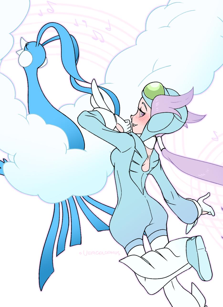 1girl altaria blush breasts closed_eyes commission from_behind gloves helmet highres looking_at_viewer musical_note pokemon pokemon_(creature) pokemon_oras purple_hair sideboob signature simple_background vergolophus violet_eyes white_gloves winona_(pokemon)