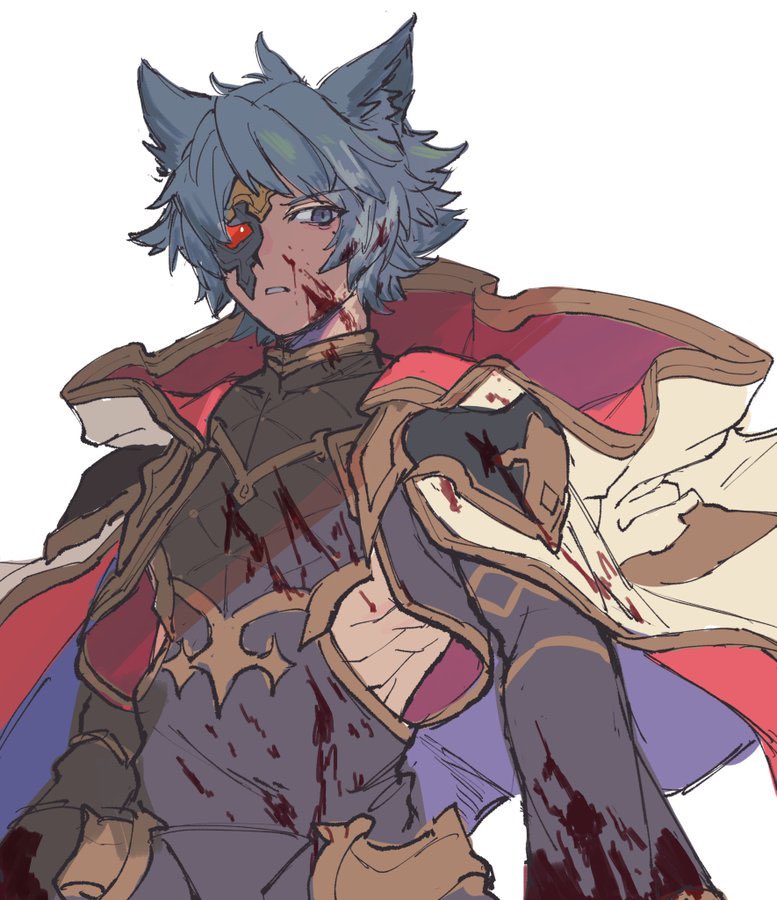 1boy animal_ears armor black_shirt blood blood_on_clothes blood_on_face cape clothing_cutout empty_eyes erune flat_color gold_trim granblue_fantasy grey_eyes grey_hair hip_armor hood hood_down looking_to_the_side male_focus mask mask_over_one_eye red_cape seox_(granblue_fantasy) shirt short_hair side_cutout sketch skihrsdn solo_focus spiky_hair white_background wolf_ears