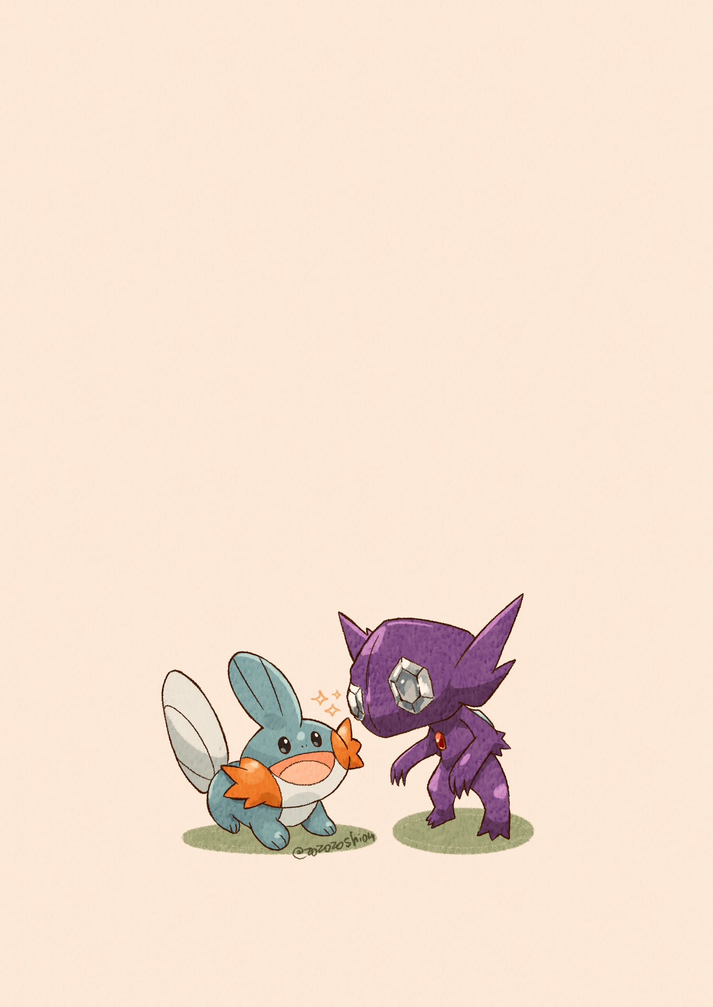artist_name black_eyes blue_skin chest_jewel claws colored_skin commentary_request fins head_fins highres mudkip no_humans on_grass open_mouth pokemon pokemon_(creature) purple_skin sableye simple_background standing tail twitter_username white_background zozozoshion