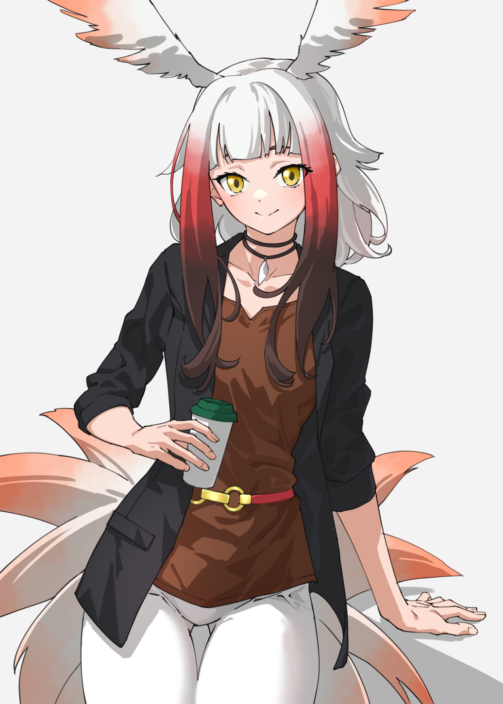 1girl ass_visible_through_thighs bird_tail black_jacket blunt_bangs brown_hair brown_shirt casual collarbone commentary cowboy_shot cup disposable_cup dot_nose gradient_hair grey_background head_wings highres holding holding_cup jacket japanese_crested_ibis_(kemono_friends) jewelry kemono_friends long_hair looking_at_viewer multicolored_hair necklace o-ring open_clothes open_jacket pants redhead shirt simple_background smile solo tail tanabe_(fueisei) thigh_gap white_hair white_pants wings yellow_eyes