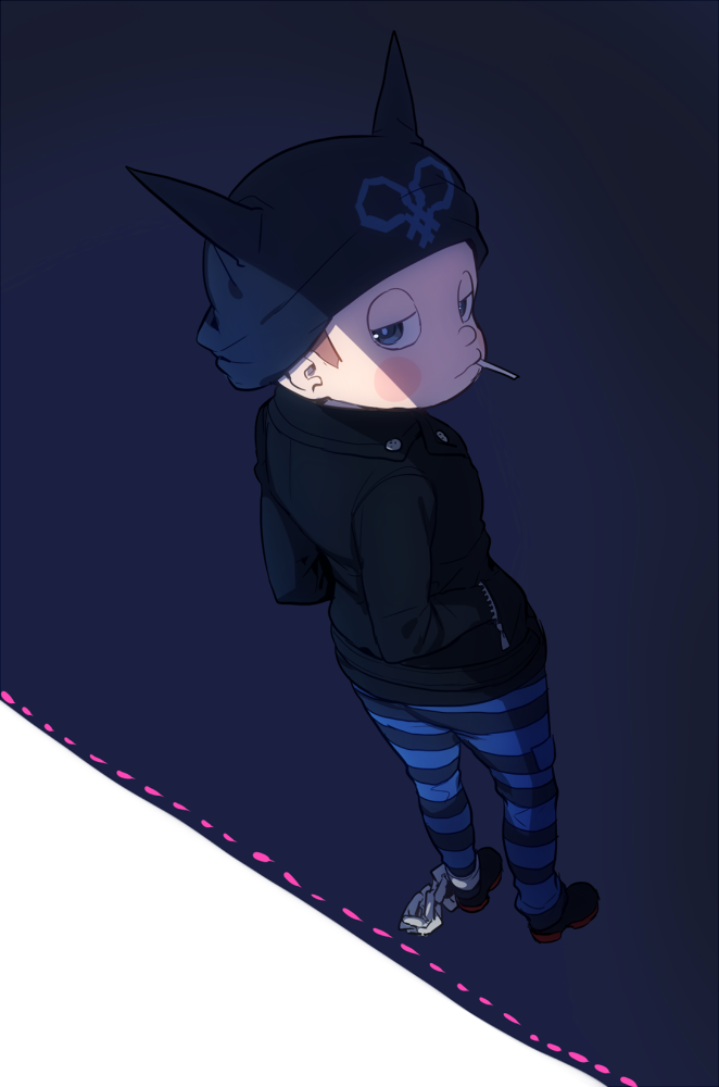 1boy animal_ear_headwear animal_ears beanie black_eyes black_footwear black_headwear black_jacket black_pants blue_background blue_pants blush_stickers brown_hair buttons cat_ears chain cigarette closed_mouth collared_jacket commentary_request cuffs danganronpa_(series) danganronpa_v3:_killing_harmony dotted_line expressionless fake_animal_ears from_behind full_body half-closed_eyes hands_in_pockets hat holding holding_cigarette hoshi_ryoma jacket kogarashi_8 leather leather_jacket looking_at_viewer looking_back male_focus mouth_hold pants partial_commentary prison_clothes shackles shadow shoes short_hair simple_background solo striped_clothes striped_pants two-tone_background two-tone_pants very_short_hair white_background zipper