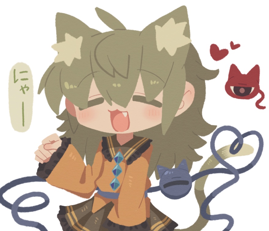 1girl :3 ahoge animal_ear_fluff animal_ears black_eyes blush brown_pupils buttons cat_ears cat_girl cat_tail clenched_hand closed_eyes collared_shirt diamond_(shape) diamond_button fang frilled_shirt frilled_shirt_collar frilled_skirt frilled_sleeves frills green_hair green_skirt green_tail hair_between_eyes hand_up heart heart_of_string kemonomimi_mode komeiji_koishi long_hair long_sleeves no_headwear no_lineart nyan open_mouth paw_pose shirt simple_background skirt sleeves_past_wrists smile solo speech_bubble tail third_eye tongue touhou translated white_background yellow_shirt zunusama