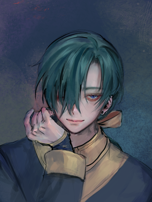 1boy akatsuki_no_yona bad_id bad_twitter_id blue_background blue_eyes close-up commentary_request earrings green_hair hair_over_one_eye hand_on_own_chin jae-ha_(akatsuki_no_yona) jewelry korean_clothes korean_commentary looking_to_the_side low_ponytail male_focus ponytail simple_background solo yona_hyeon