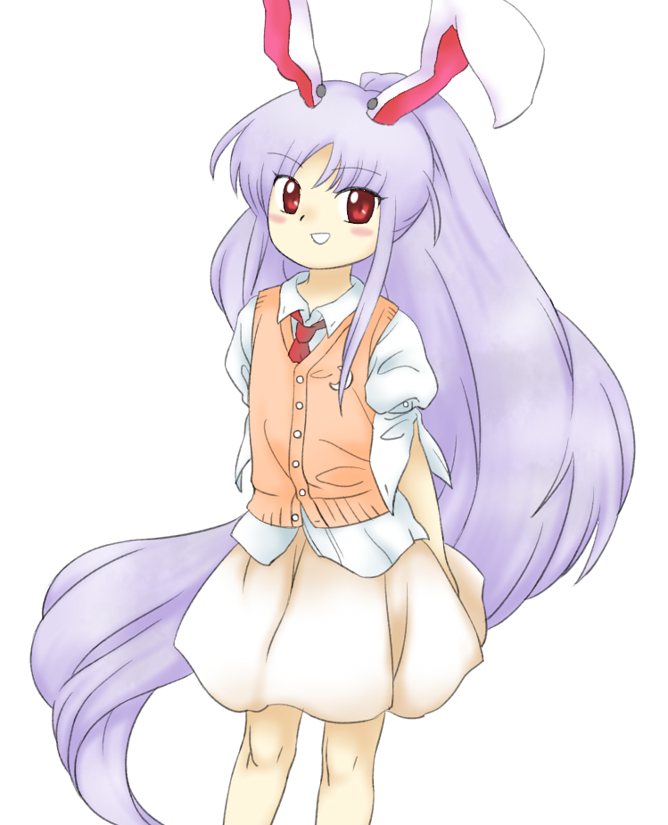 1girl :d animal_ears buttons crescent flat_chest legs_apart long_hair necktie nonamejd official_style orange_sweater_vest ponytail puffy_sleeves purple_hair rabbit_ears rabbit_girl red_eyes red_necktie reisen_udongein_inaba shirt simple_background skirt smile solo standing sweater_vest touhou very_long_hair white_background white_shirt zun_(style)